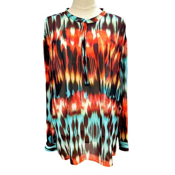 ANA Tunic Top Size 2X Sheer Roll-tab Sleeve Artsy Bohemian 1/4 Button Front - Picture 1 of 11